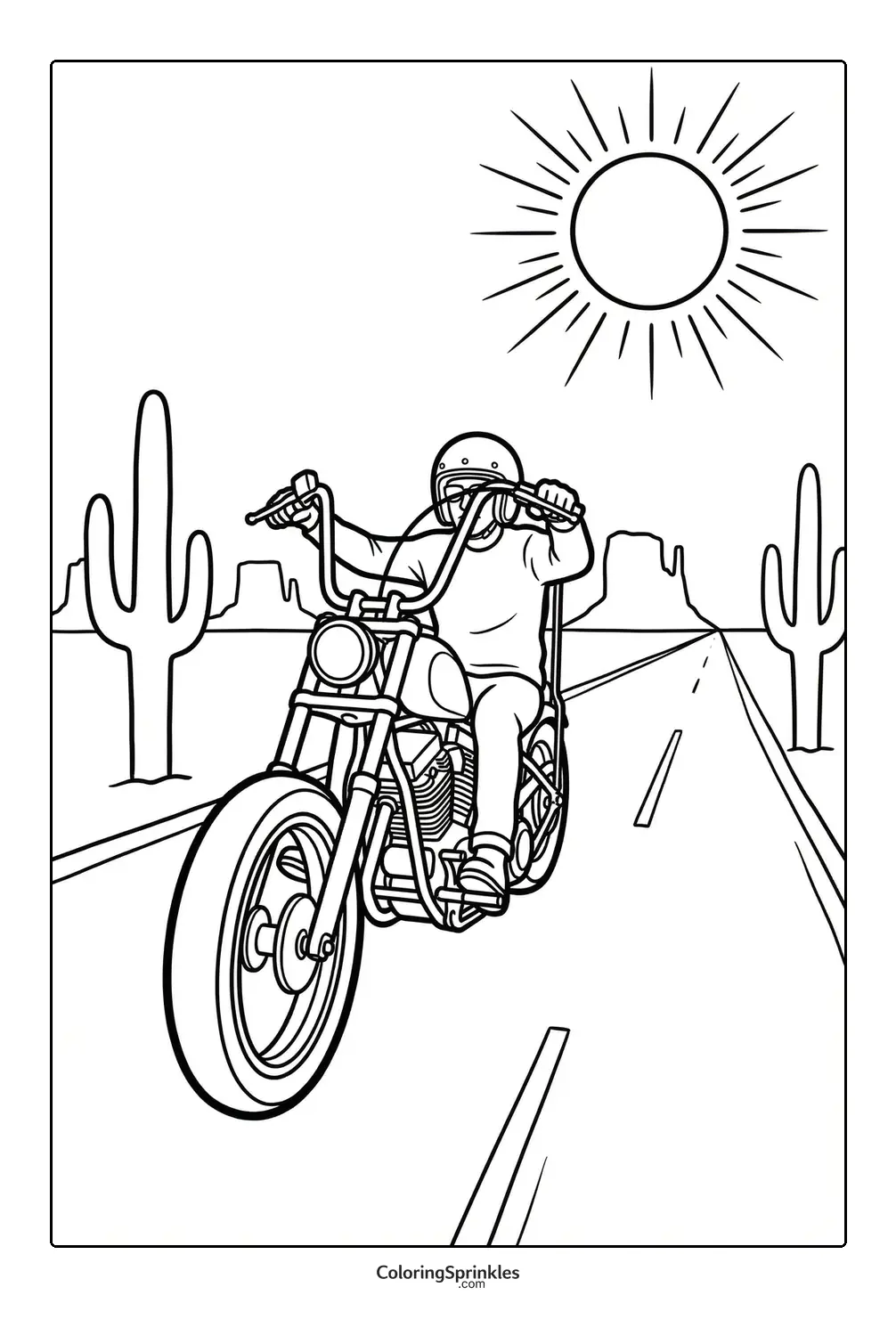 Coloring page of a motorcycle rider cruising through a desert with cacti and sun