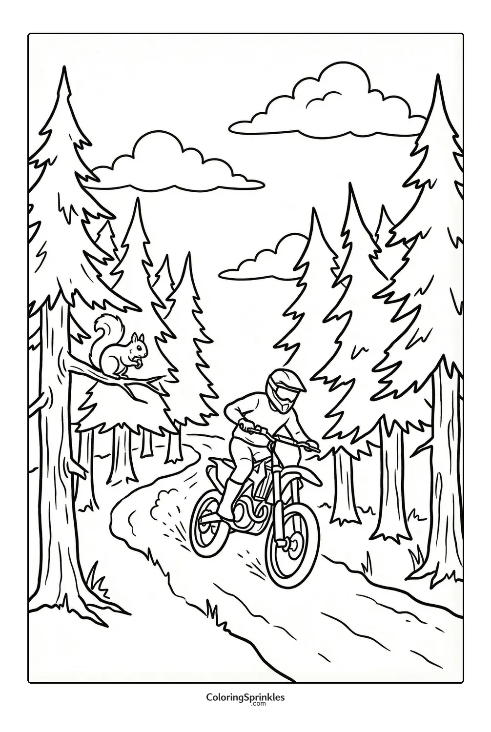 Coloring page of a motorcycle rider on a forest trail with a squirrel