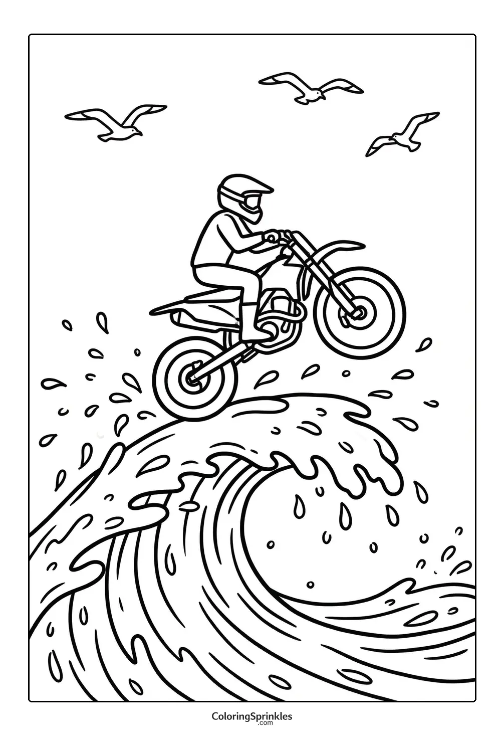 Coloring page of a motorcycle rider jumping over a wave with seagulls flying