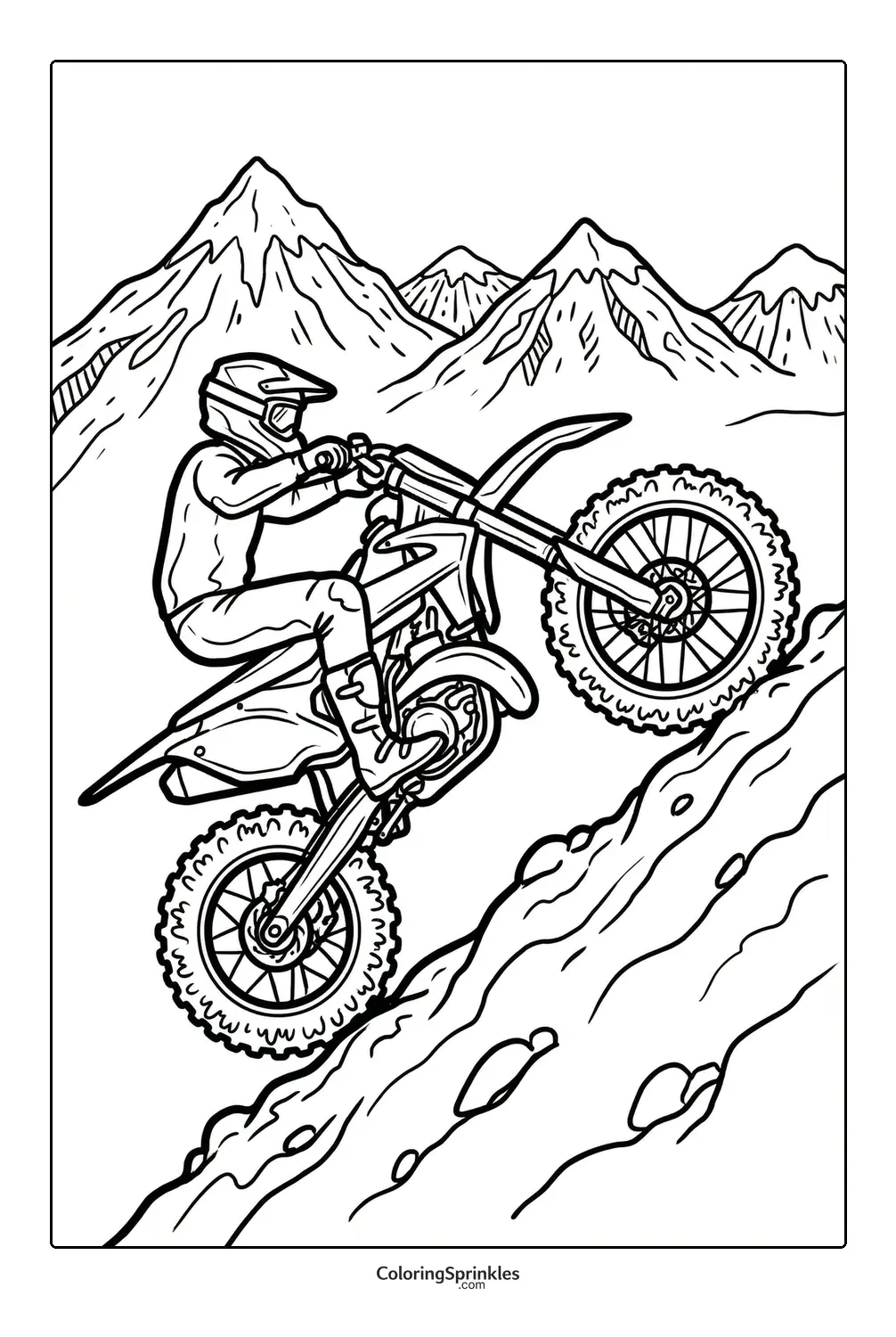 Coloring page of a motorcycle rider going uphill on a dirt bike with mountains in the background