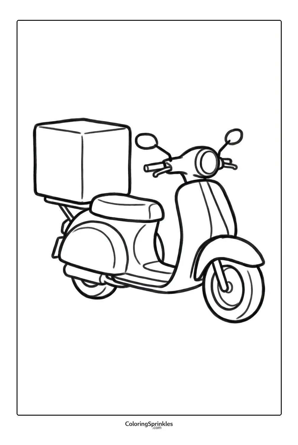 Coloring page of a motorcycle scooter with a delivery box
