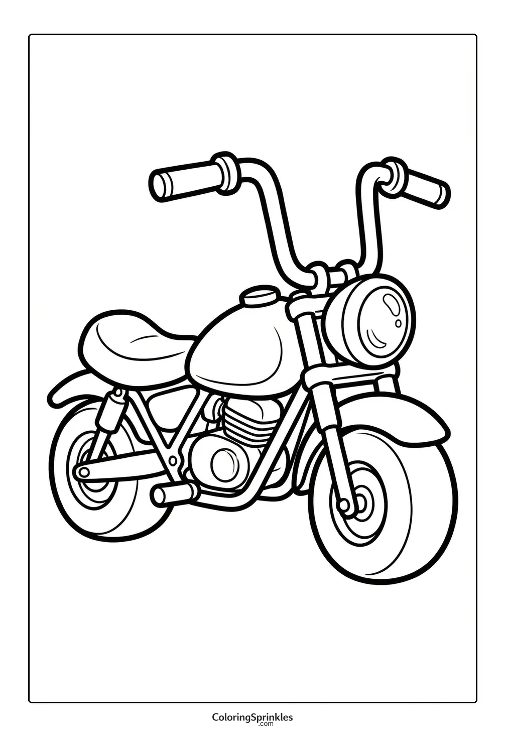 Coloring page of a simple motorcycle with tall handlebars and a round headlight