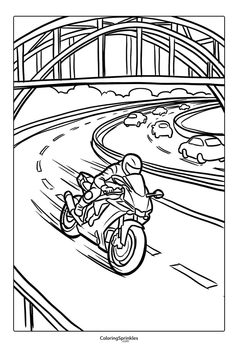 Coloring page of a motorcycle speeding on a highway under a bridge with cars