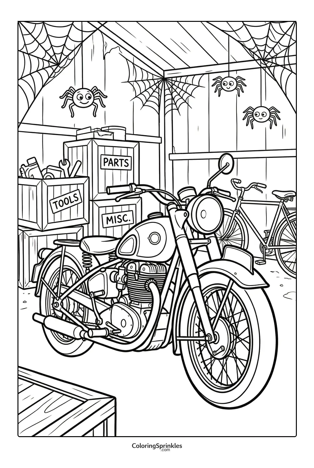 Coloring page of a motorcycle in a garage with spiders and cobwebs