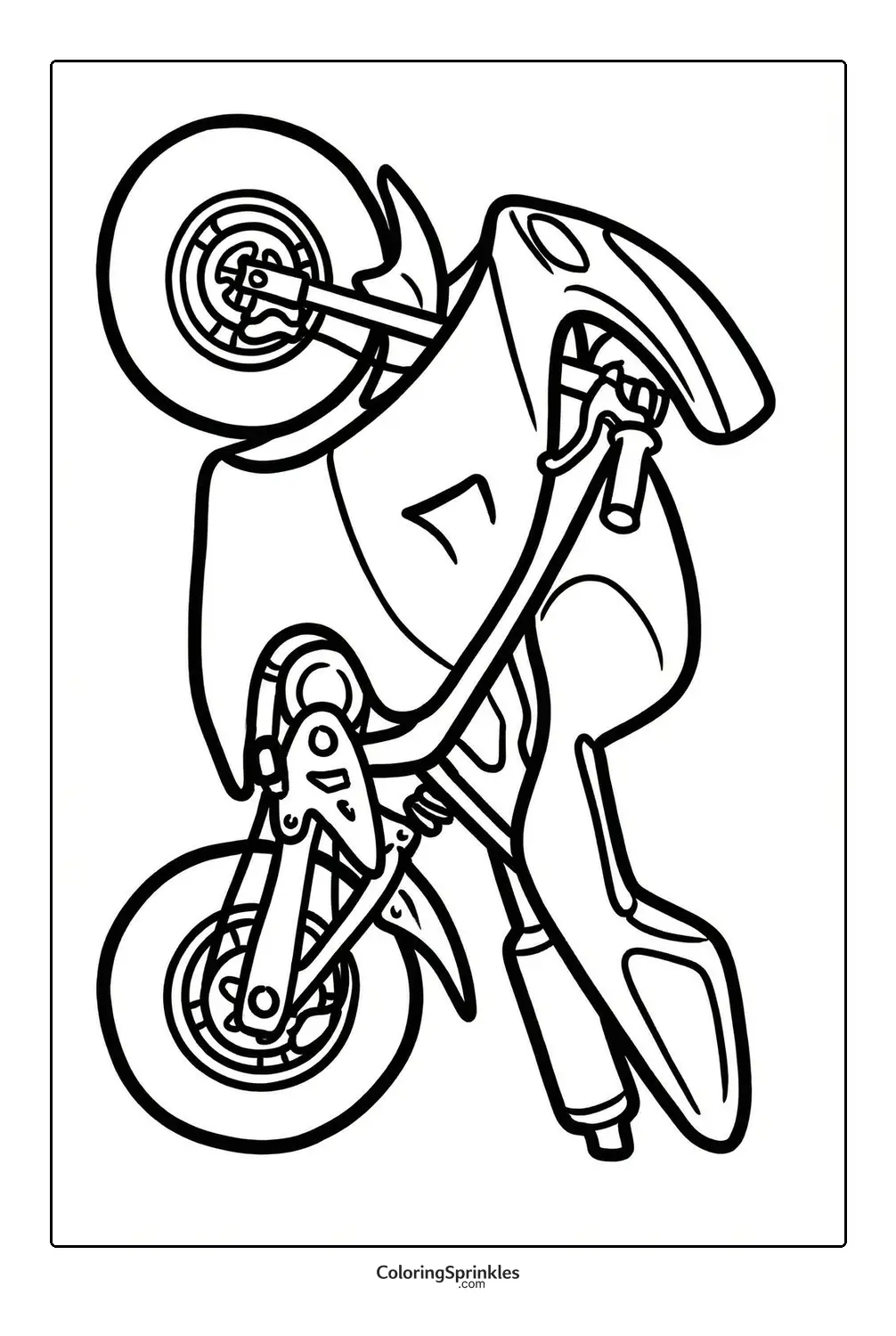 Coloring page of a motorcycle performing a wheelie stunt