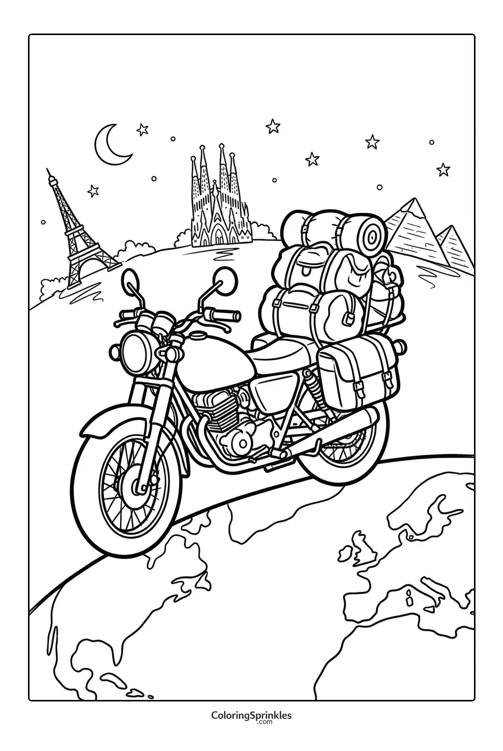 Coloring page of a motorcycle loaded with travel bags on a globe with famous landmarks at night