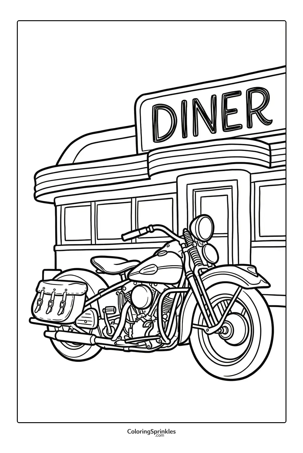 Coloring page of a vintage motorcycle parked in front of a diner
