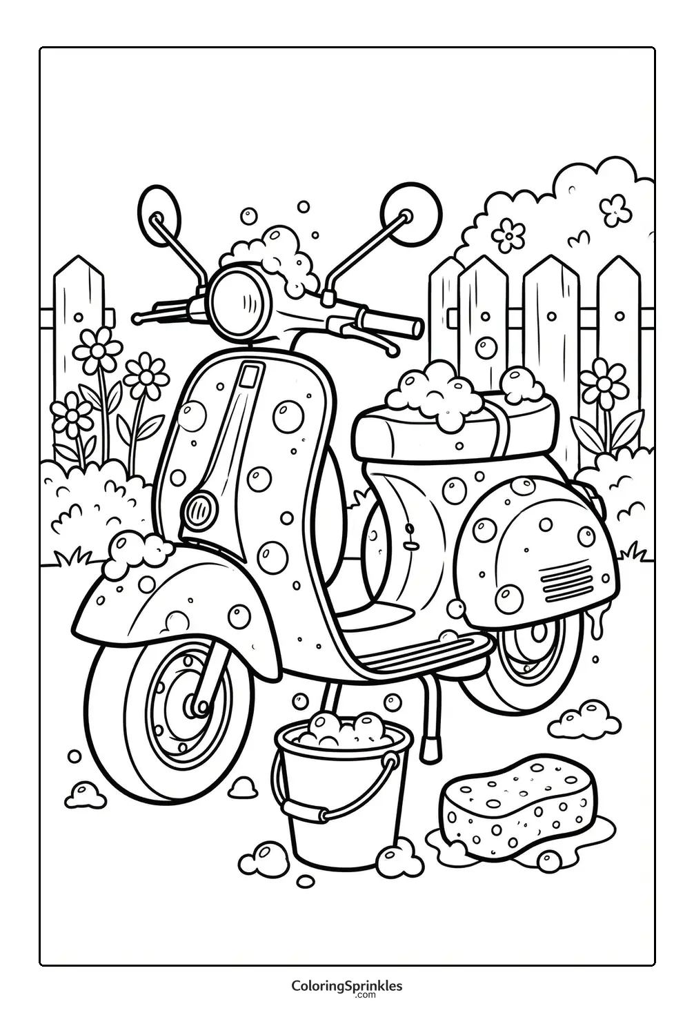 Coloring page of a motorcycle covered in soapy bubbles being washed in a garden