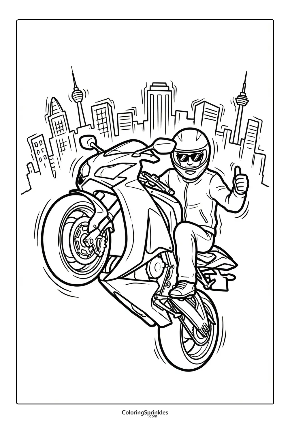 Coloring page of a motorcycle rider doing a wheelie in a city