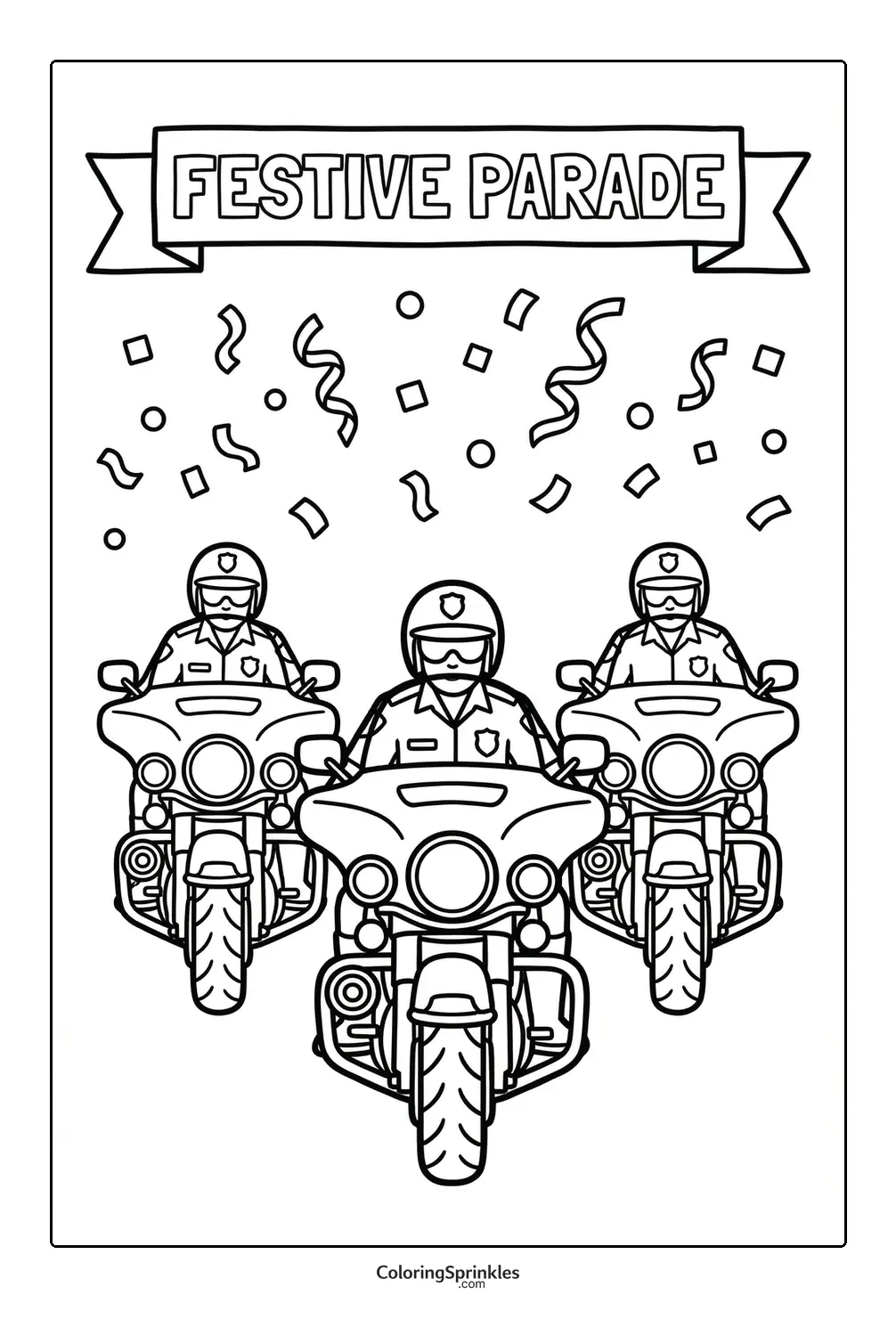 Coloring page of police officers riding motorcycles in a festive parade