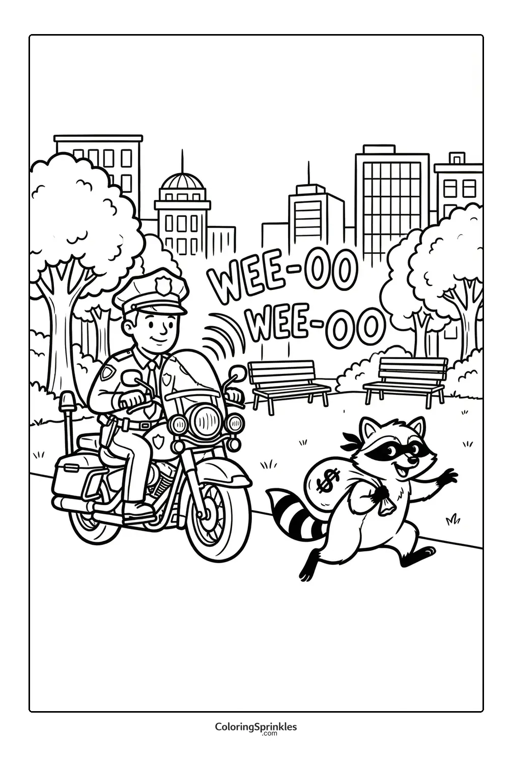 Coloring page of a police officer on a motorcycle chasing a raccoon in a park