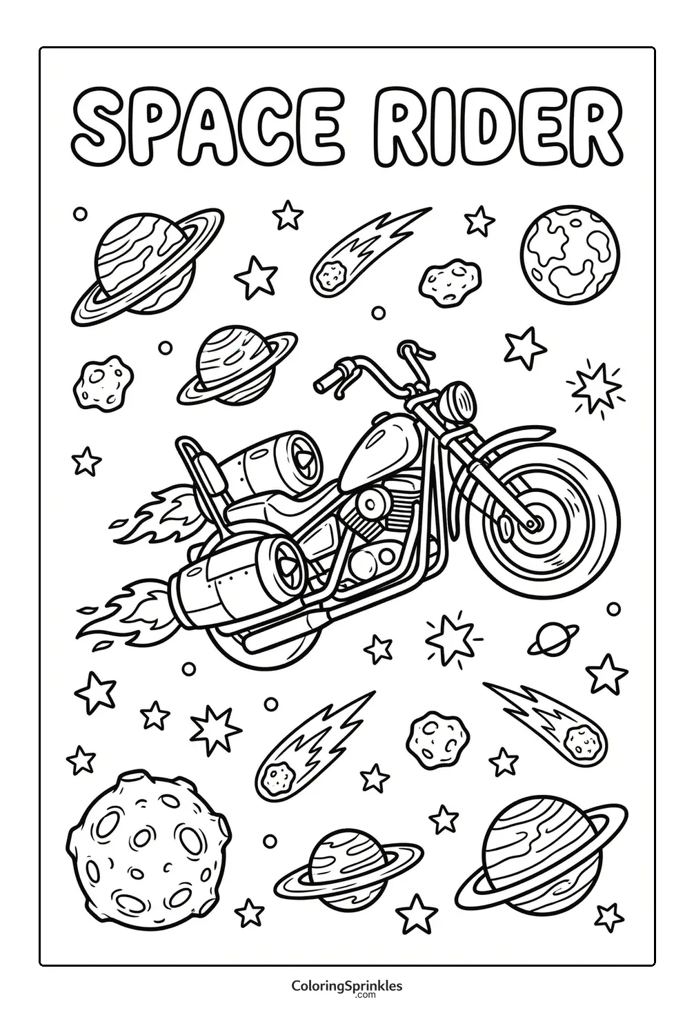 Coloring page of a space motorcycle with jet engines flying among planets and stars