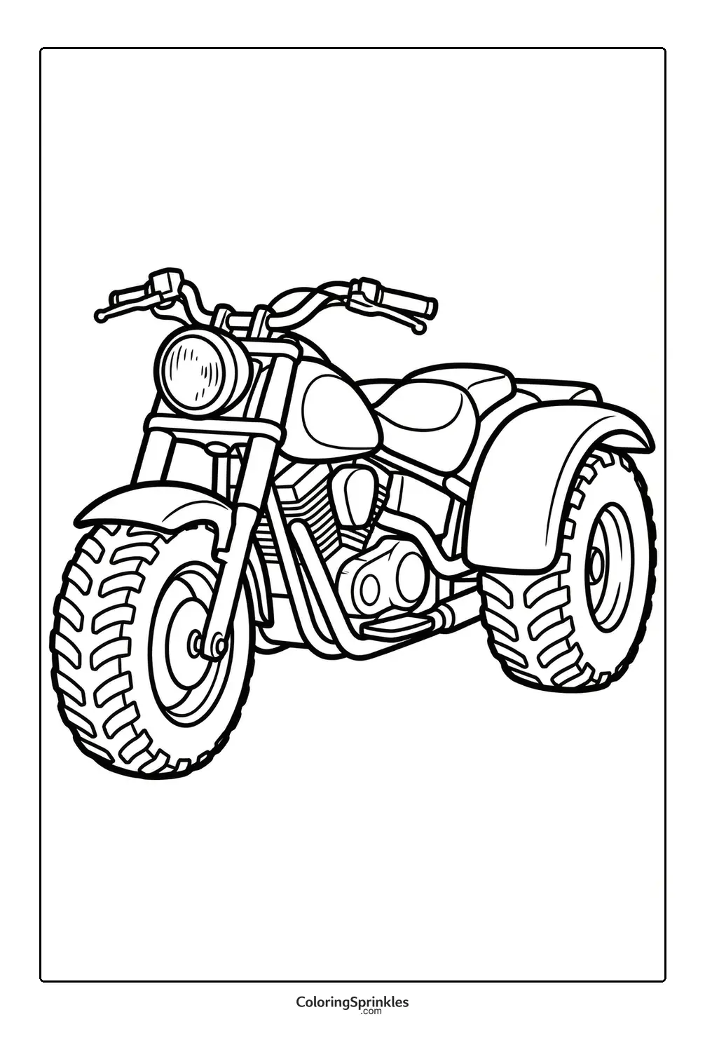 Coloring page of a three-wheeled motorcycle trike