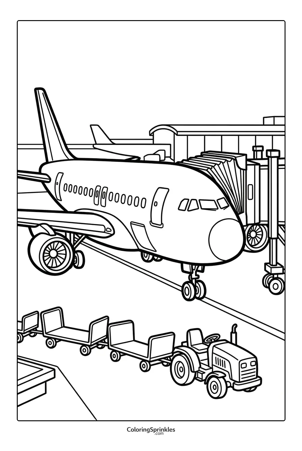 Coloring page of an airplane parked at a gate with a tractor and baggage carts