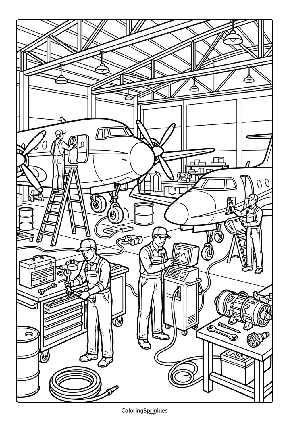 Coloring page of airplane mechanics performing maintenance in a hangar