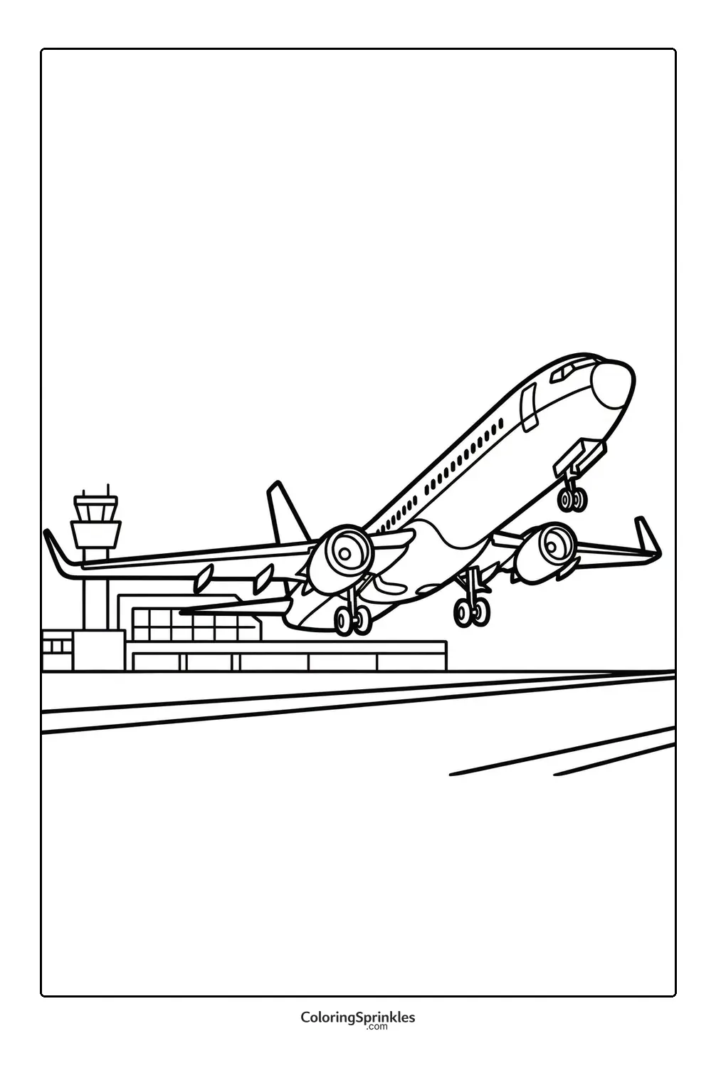Coloring page of an airplane taking off near an airport control tower