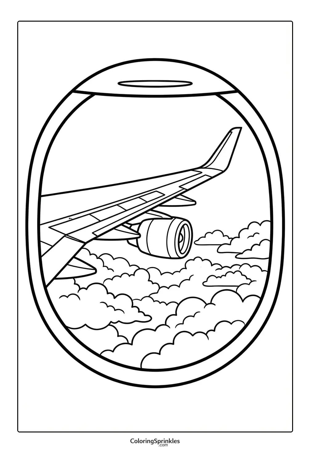 Coloring page of an airplane wing seen through a window with clouds below