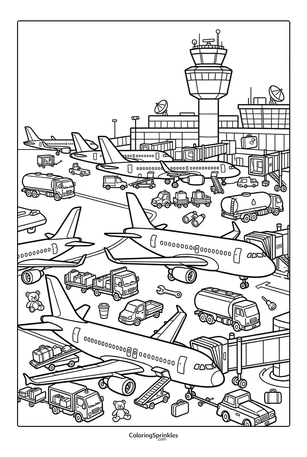 Coloring page of an airport scene with planes, vehicles, luggage and control tower