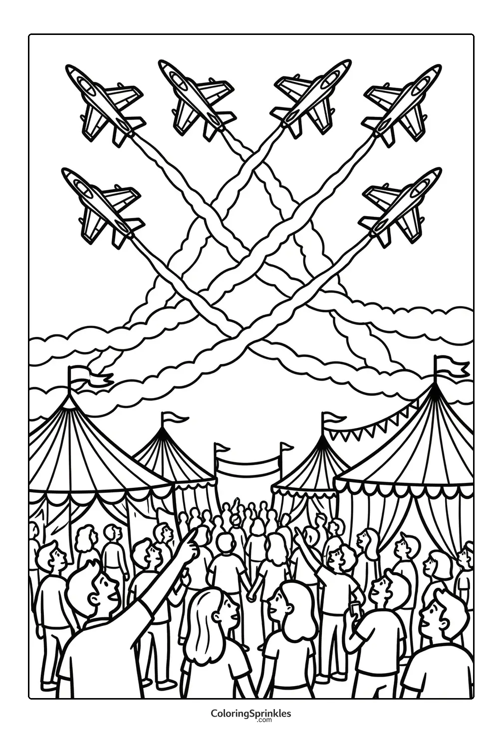 Coloring page of an airshow with planes flying over carnival tents and a crowd