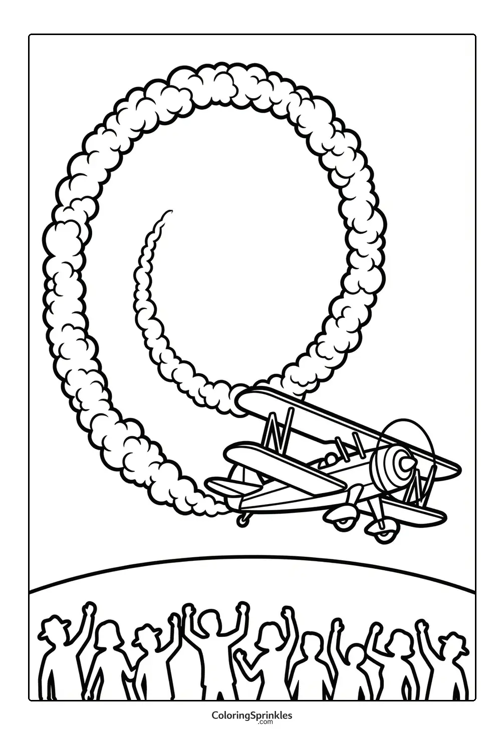 Coloring page of a biplane doing a looping stunt at an airshow with a cheering crowd