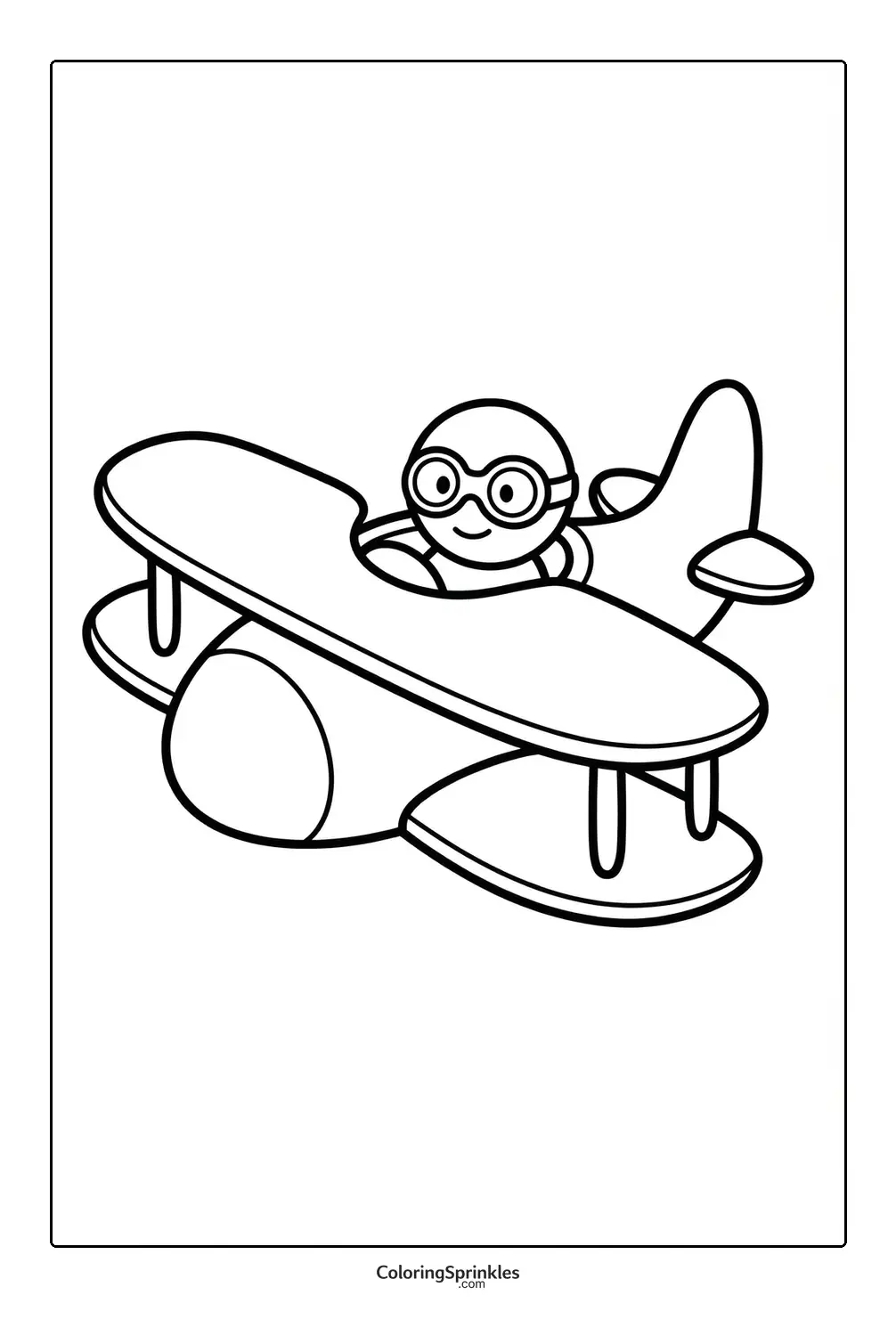 Coloring page of a biplane with a pilot wearing goggles