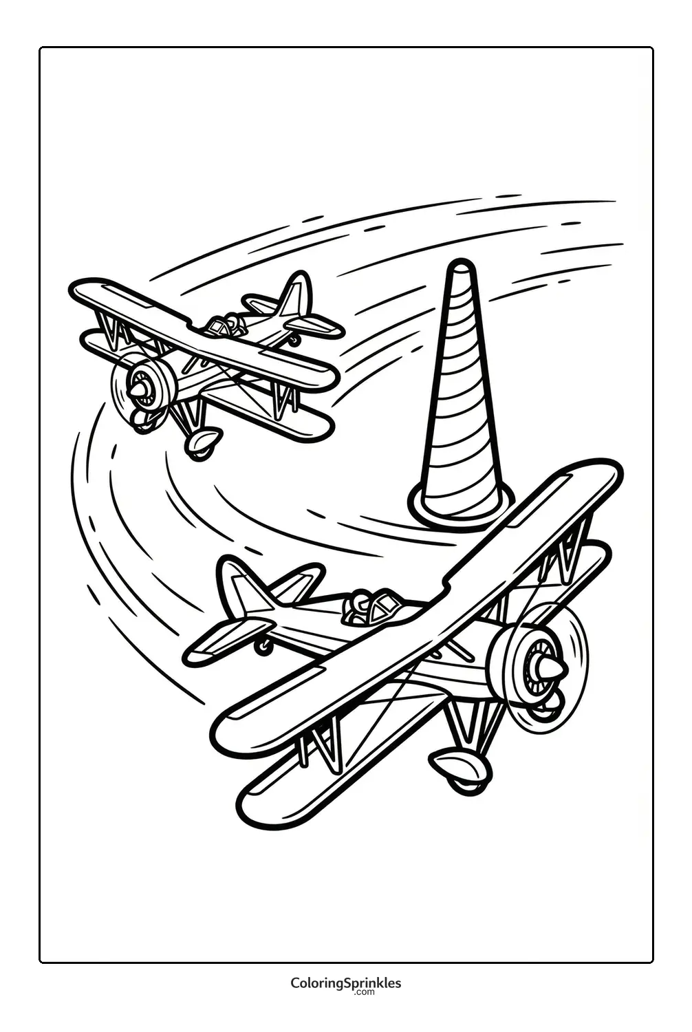 Coloring page of two biplanes racing and turning around a cone