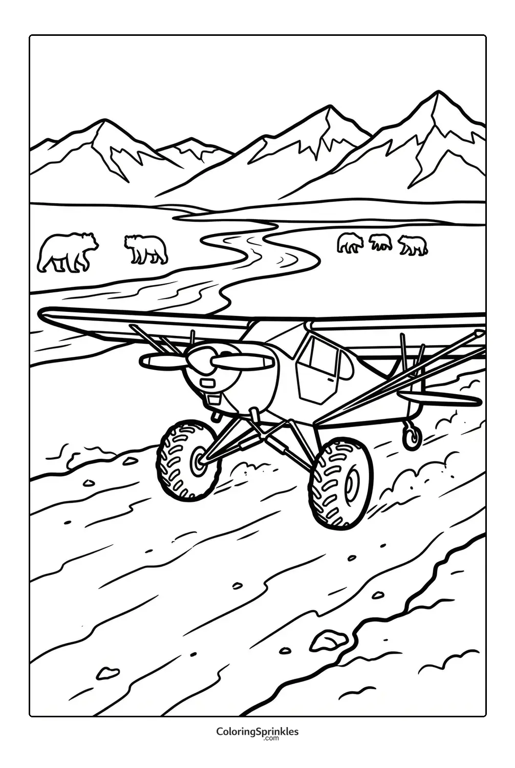 Coloring page of a bush plane flying over a river with bears and mountains