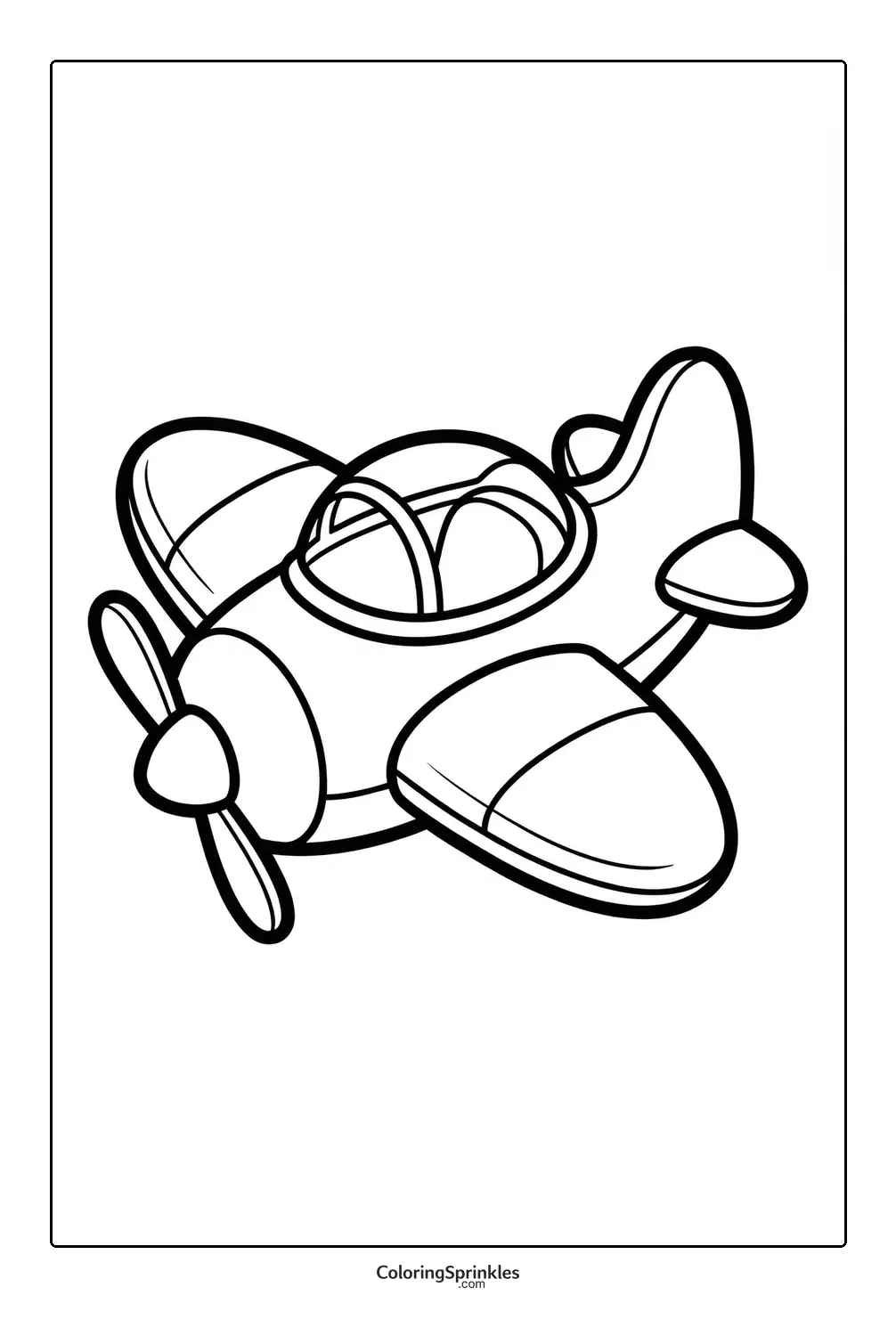 Coloring page of a cartoon single-engine airplane with a propeller