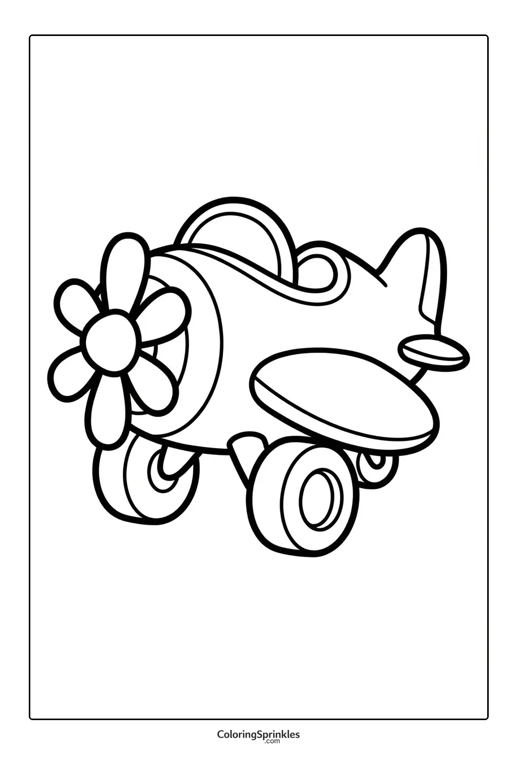 Coloring page of a cartoon propeller airplane
