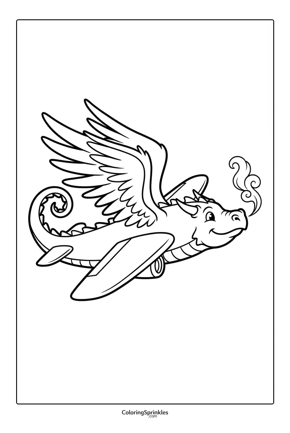 Coloring page of a dragon airplane with wings breathing fire