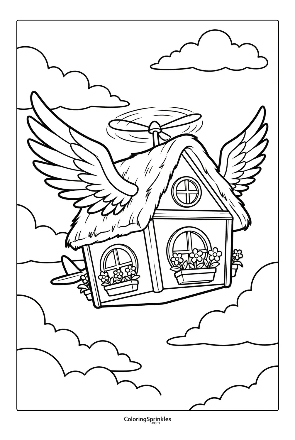 Coloring page of a flying house with wings and a propeller in the clouds