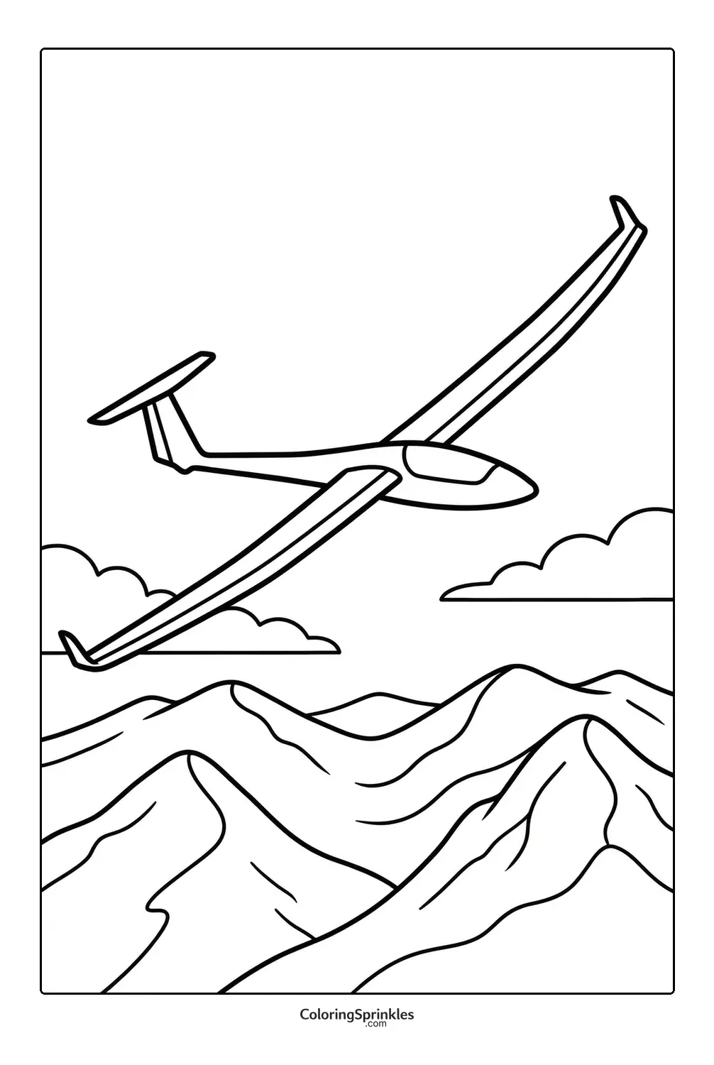 Coloring page of a glider plane flying over mountains with clouds