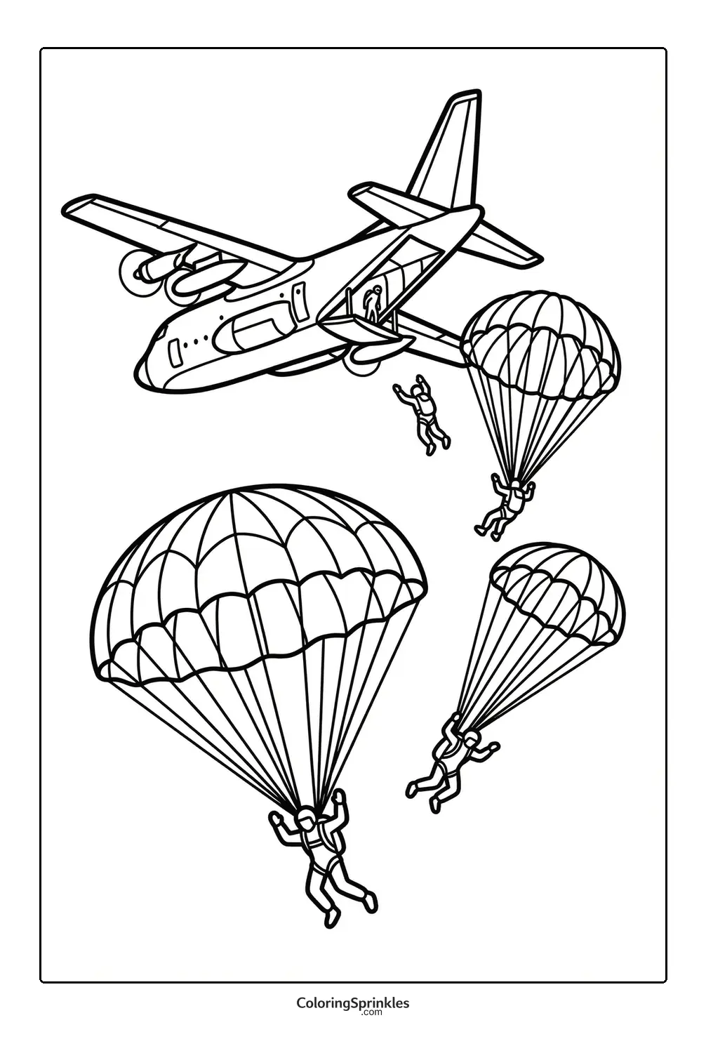 Coloring page of a military plane with soldiers parachuting