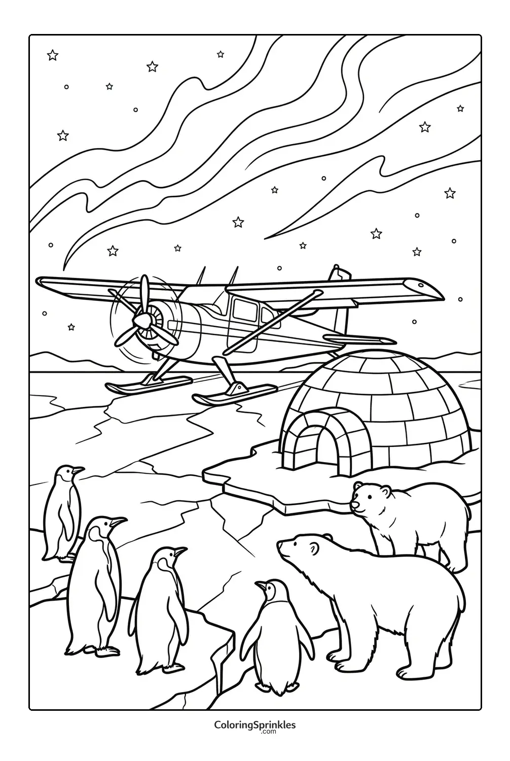 Coloring page of a seaplane landing near penguins, polar bears and an igloo in the Arctic