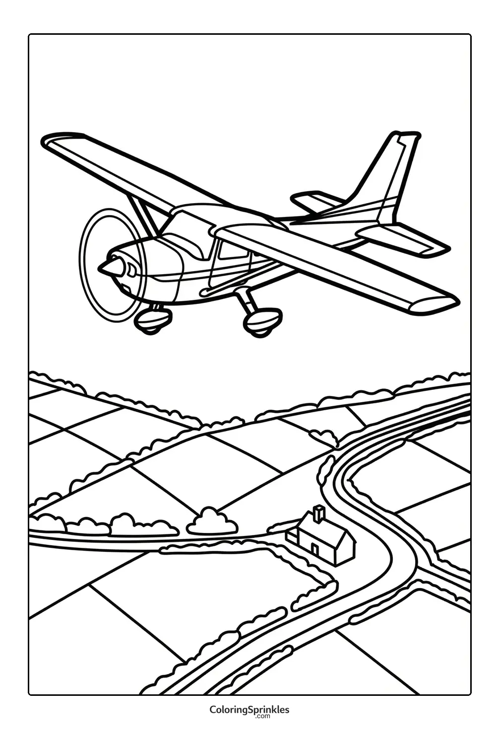 Coloring page of a small plane flying over a countryside road and house