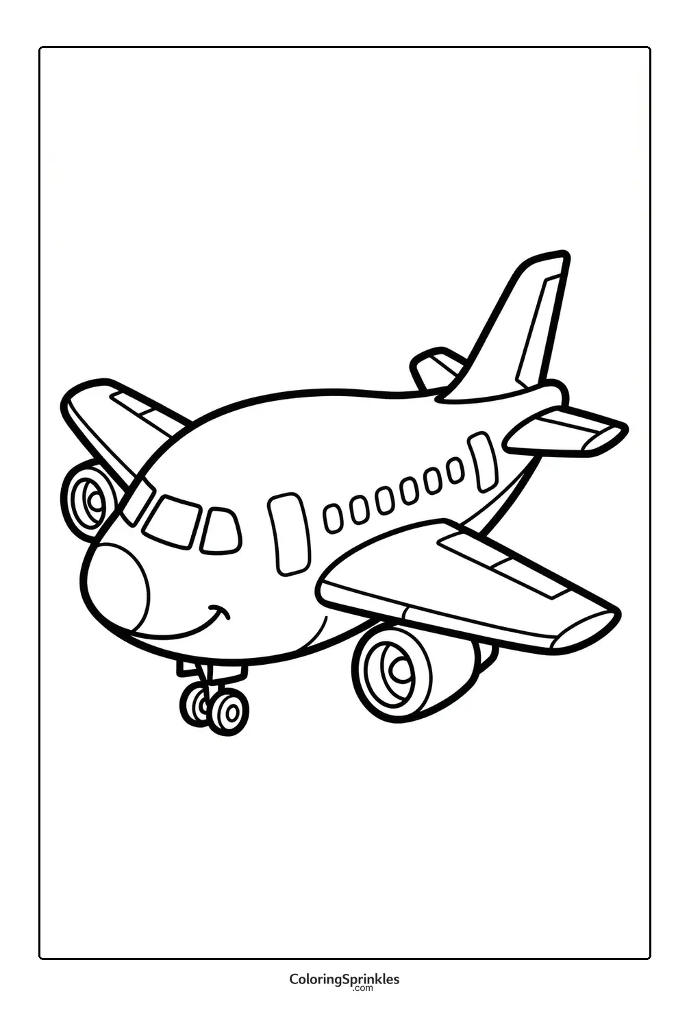 Coloring page of a smiling cartoon airplane with landing gear