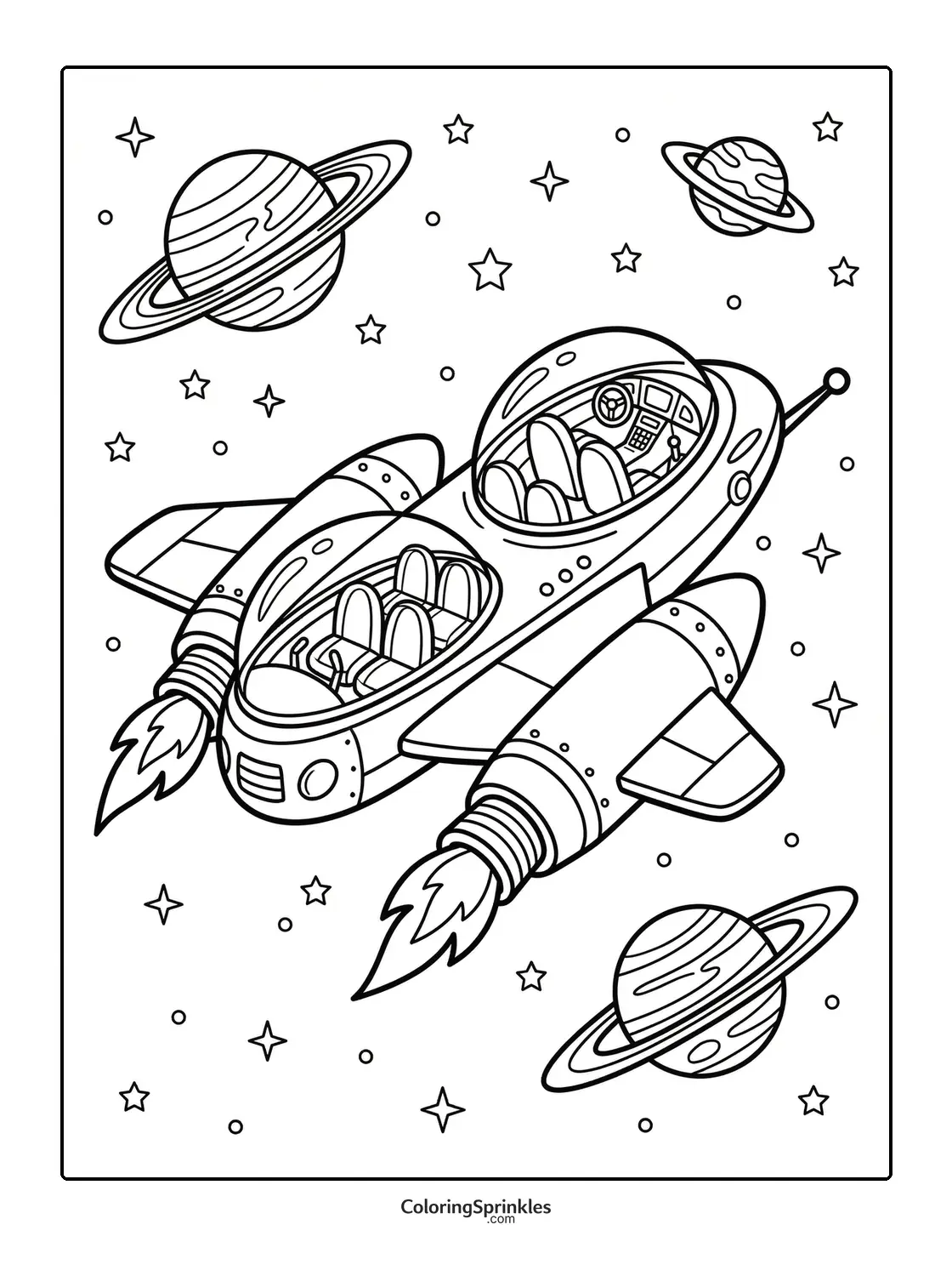 Coloring page of a spaceship flying among planets and stars in outer space