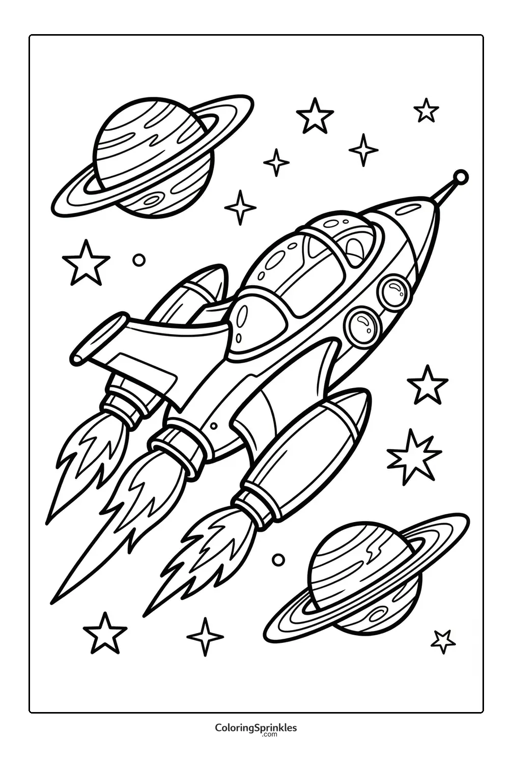 Coloring page of a spaceship rocket flying among planets and stars in space