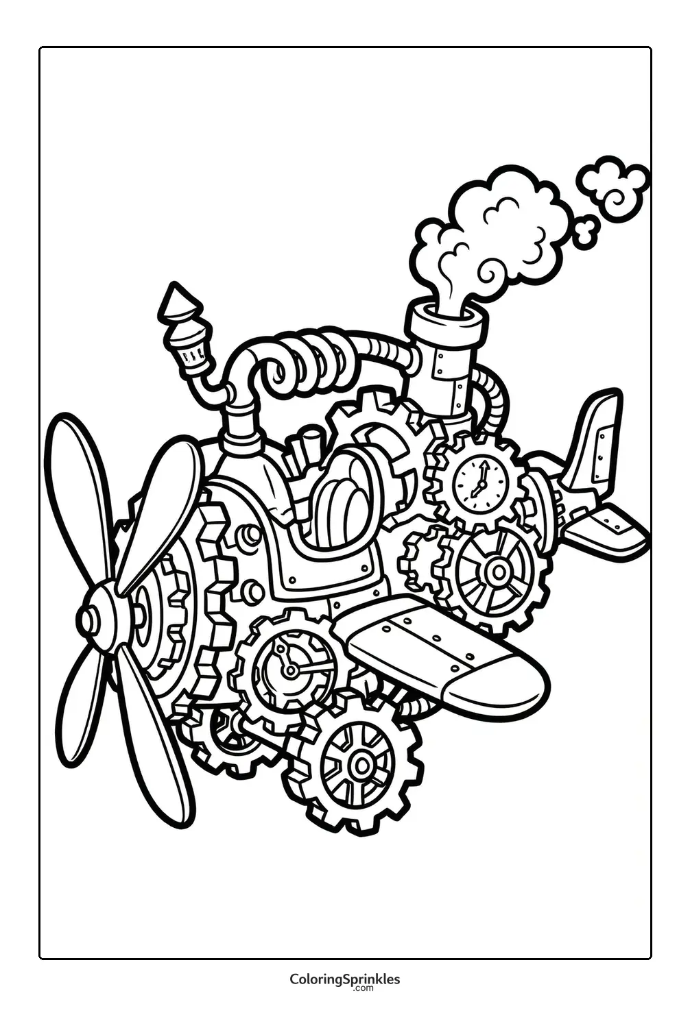 Coloring page of a steampunk airplane with gears, propeller and smoke