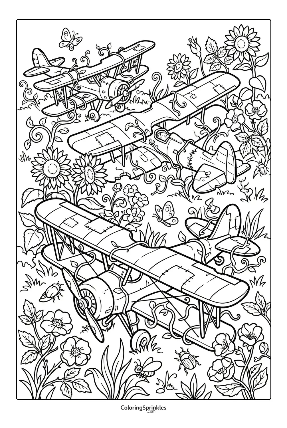 Coloring page of vintage biplanes surrounded by flowers, butterflies, and insects