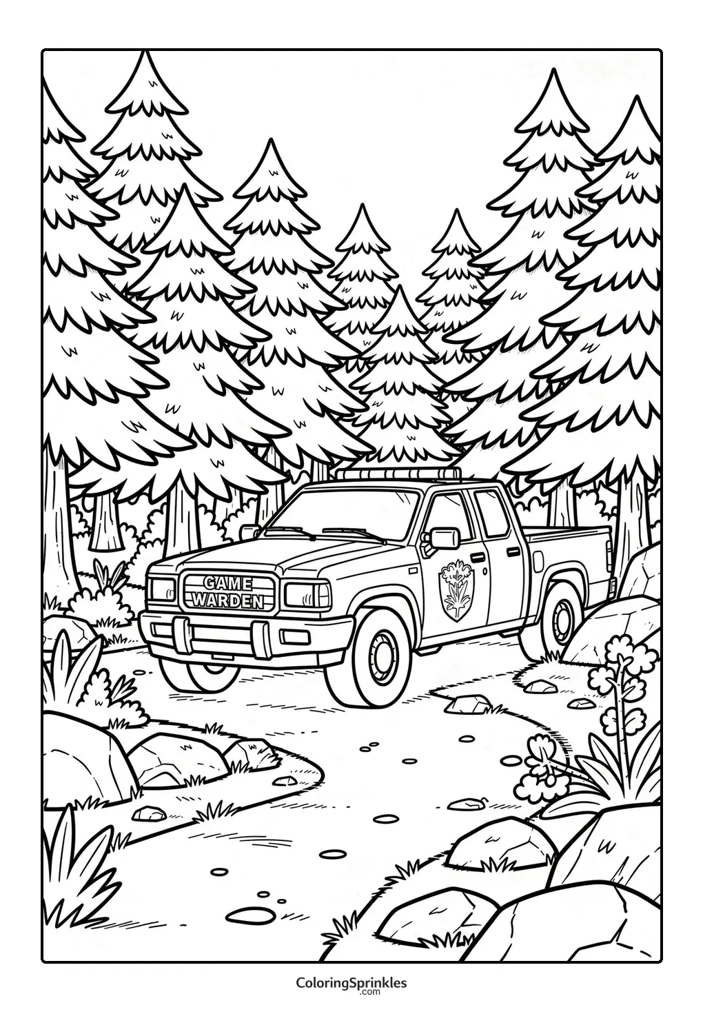 Coloring page of a game warden pickup truck on a forest road