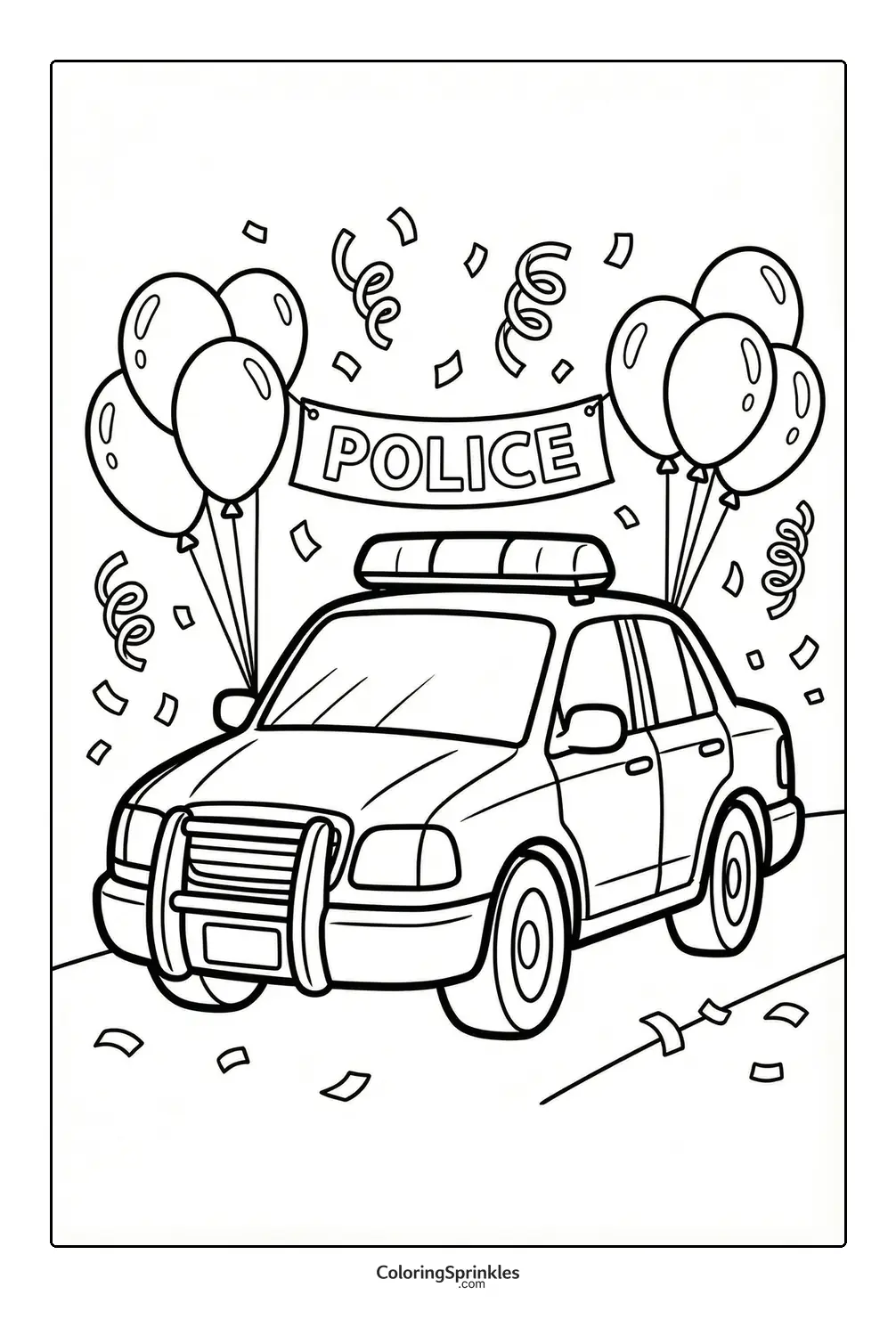 Coloring page of a police car with balloons and confetti celebration