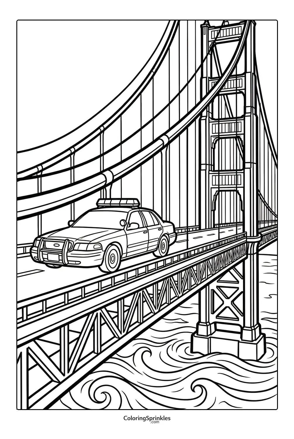 Coloring page of a police car driving on a suspension bridge over water with waves
