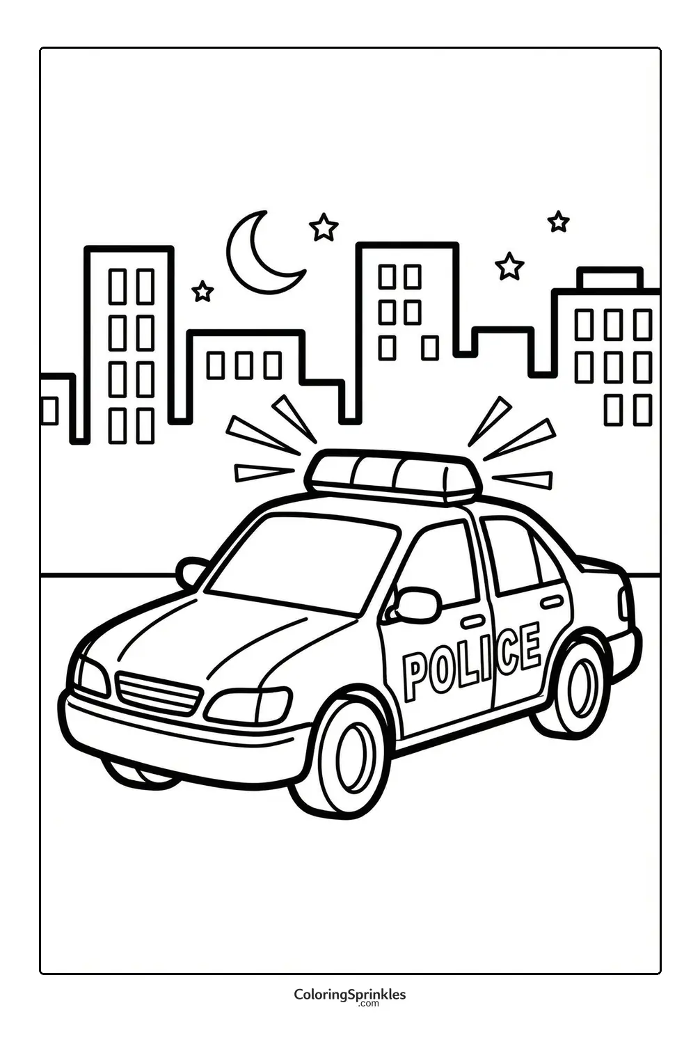 Coloring page of a police car with flashing lights in a city at night