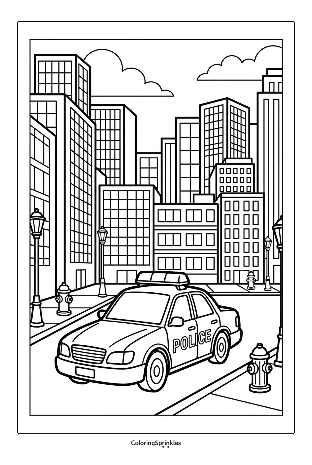 Coloring page of a police car parked on a city street with fire hydrants and street lamps