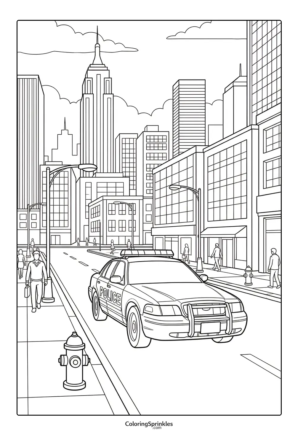 Coloring page of a police car on a city street with skyscrapers