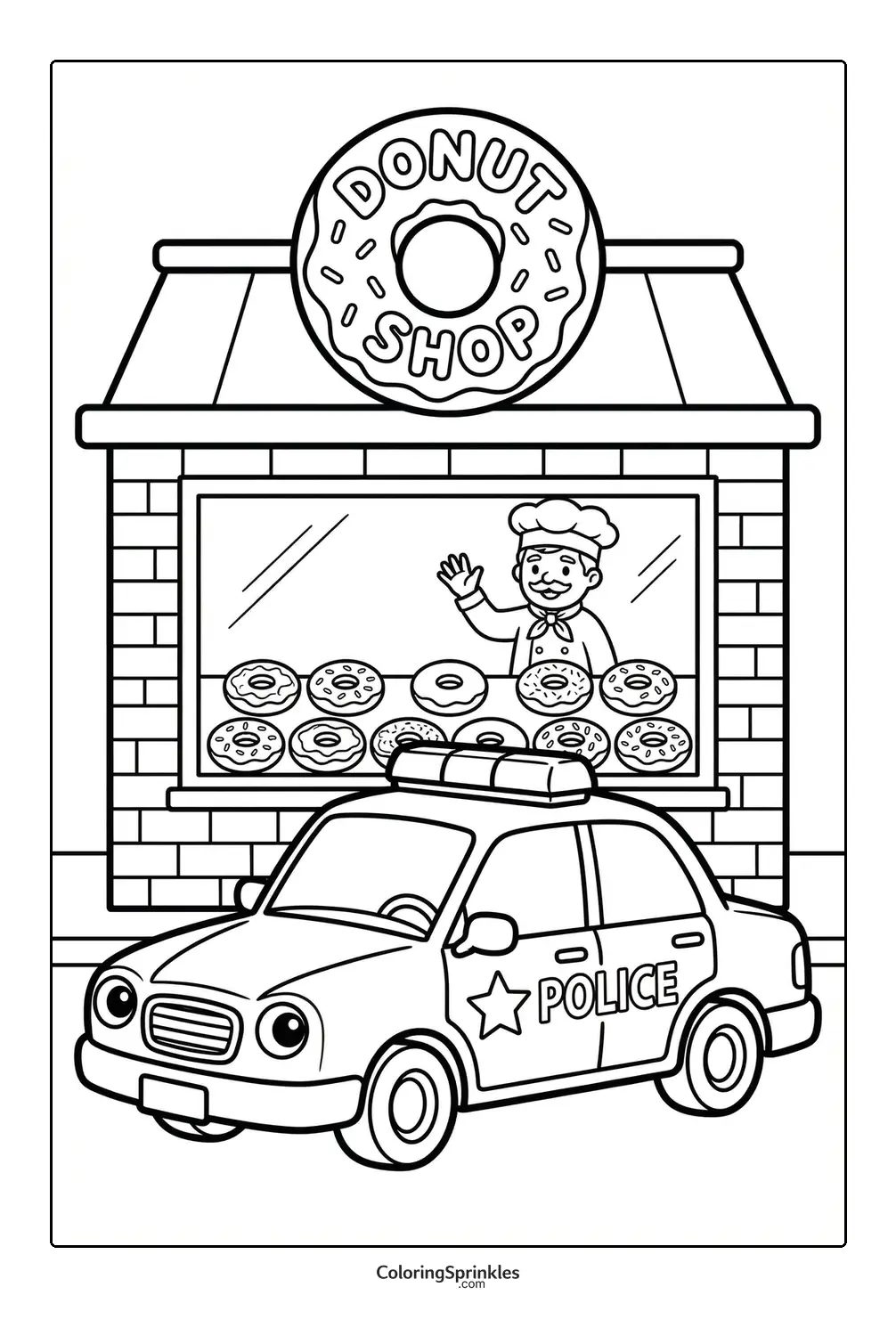Coloring page of a police car parked outside a donut shop with a baker waving