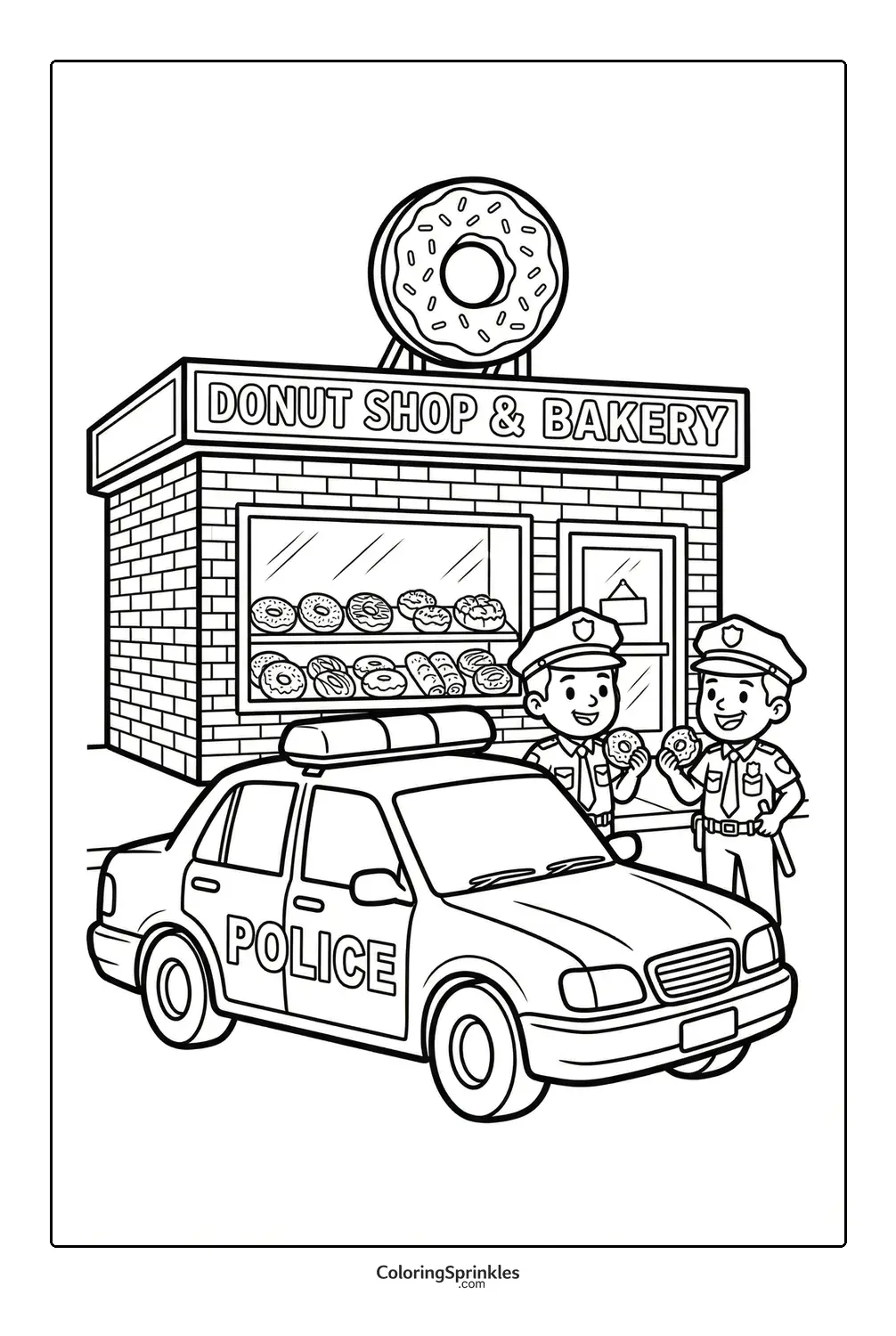 Coloring page of a police car parked outside a donut shop with officers eating donuts