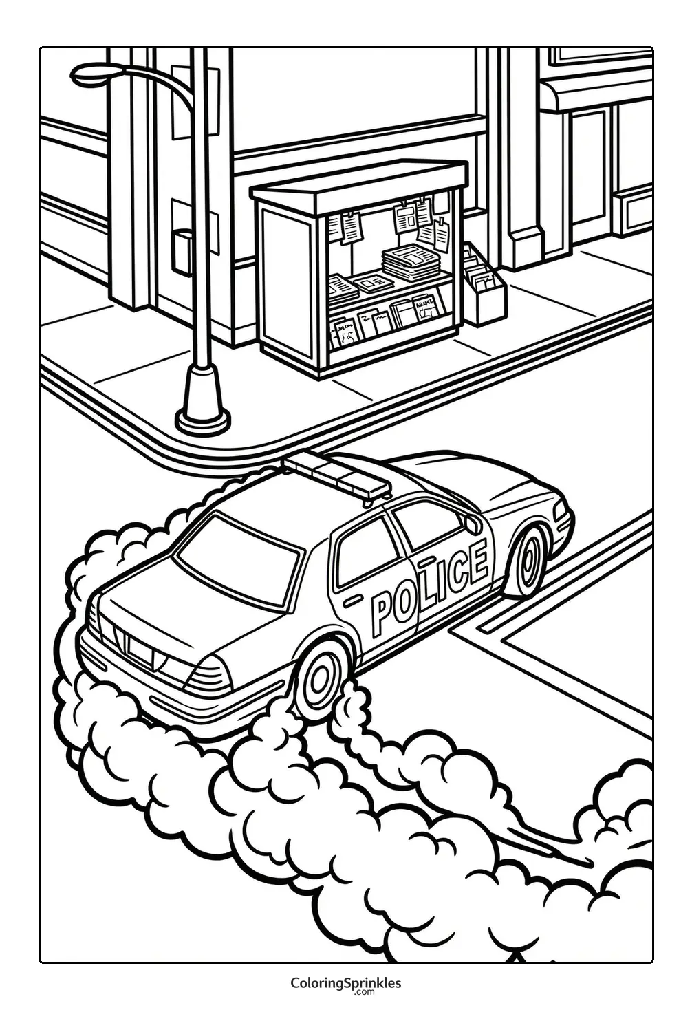 Coloring page of a police car drifting on a city street