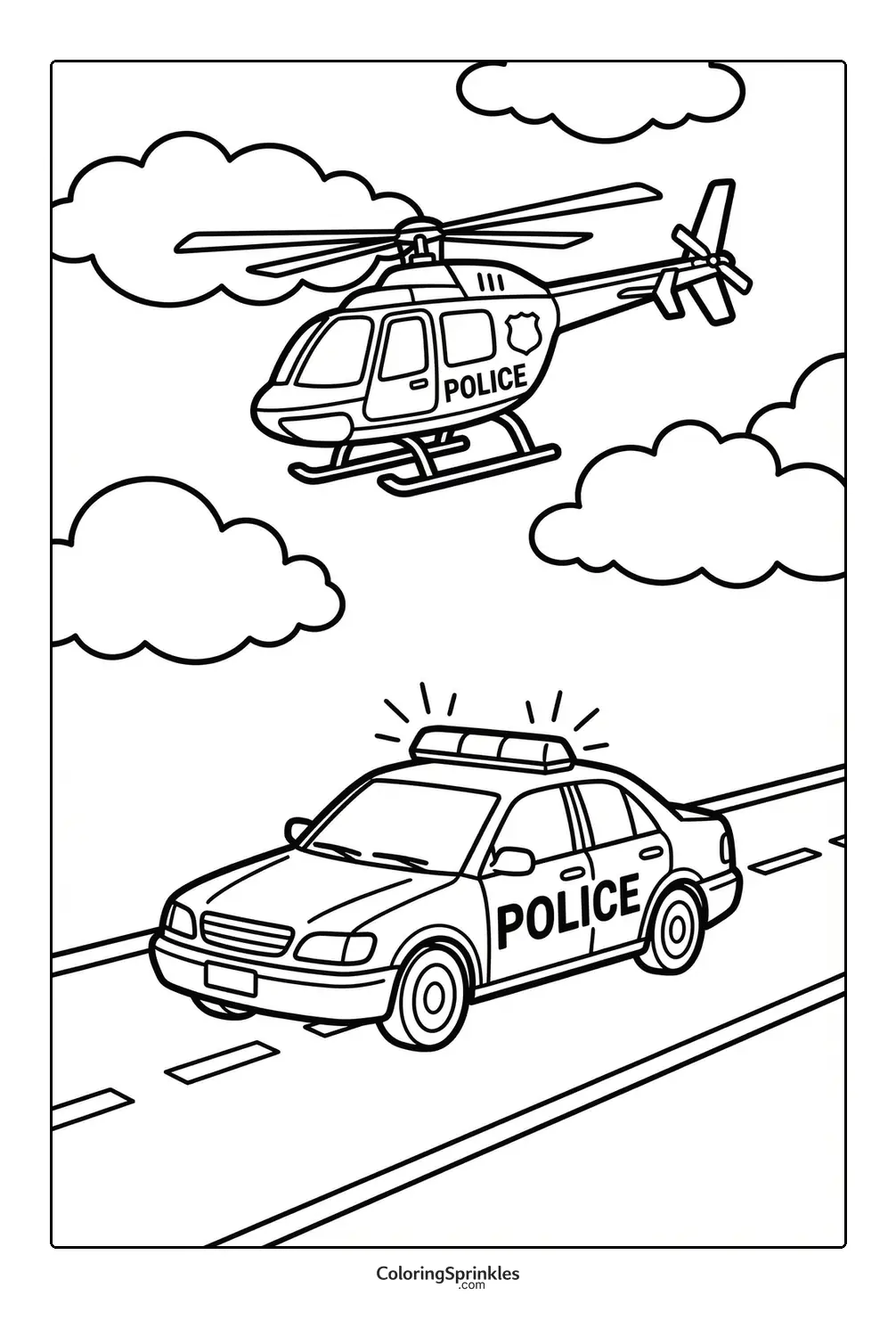 Coloring page of a police car on a road with a police helicopter flying above